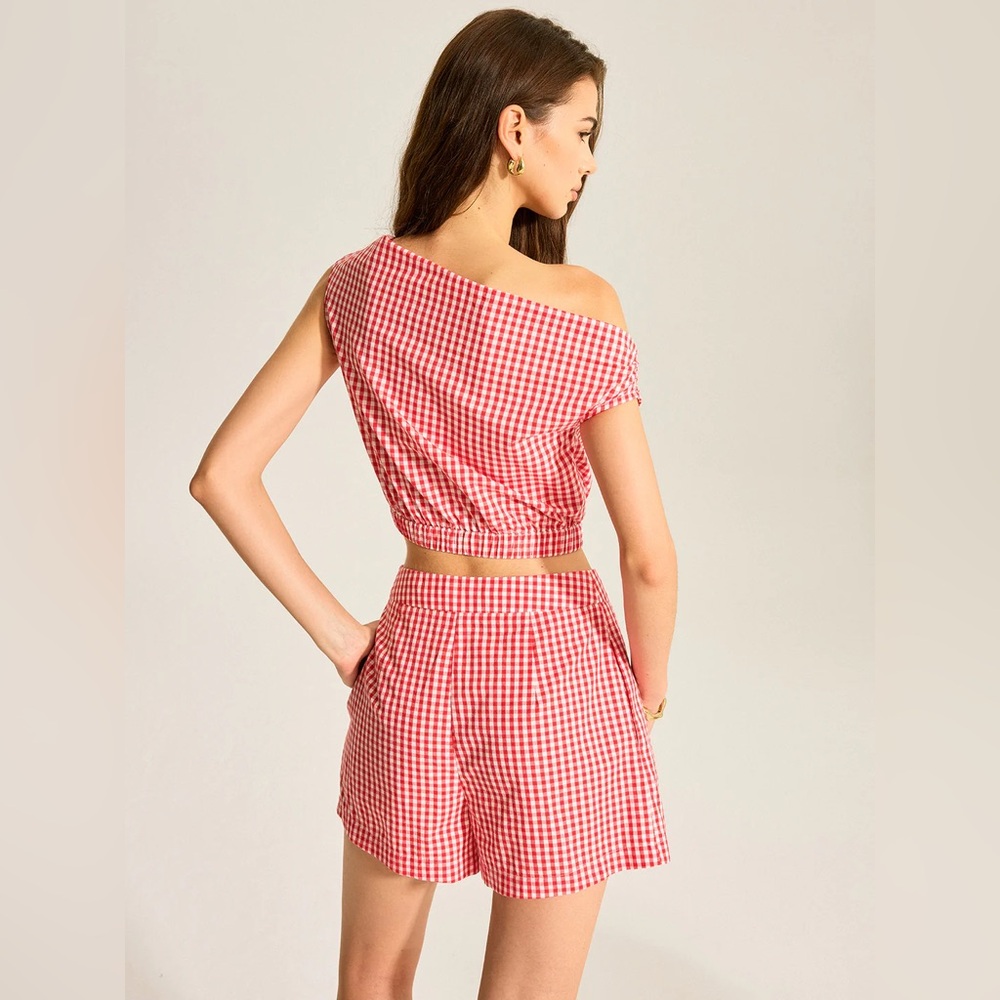 COMMENSE Gingham One-Shoulder Top and Shorts Set - size XLarge - Picture 5 of 7